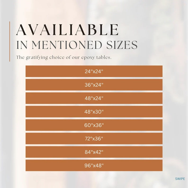 Pode incluir: Um gr&aacute;fico que mostra os tamanhos dispon&iacute;veis para mesas de resina ep&oacute;xi. Os tamanhos s&atilde;o listados em polegadas, com o comprimento primeiro e a largura em segundo. Os tamanhos s&atilde;o: 24"x24", 36"x24", 48"x24", 48"x30", 60"x36", 72"x36", 84"x42" e 96"x48".