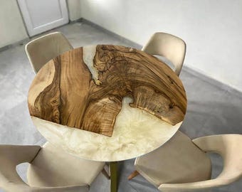 Acacia Wood Epoxy Resin Table, Round Dining Table, Mid Century Modern