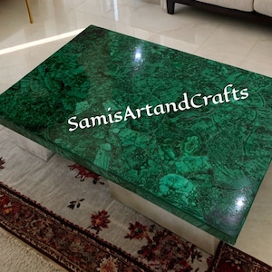 Tampo de mesa de pedra malaquita, mesa de centro retangular, móveis feitos à mão em pedra malaquita, tampo de mesa de jantar, arte moderna de meados do século