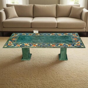 Dining Table in Green Marble with flower Inlay Art for dining Room Decoration / Stone dinner Table Top with Pietra Dura Design for Dine
