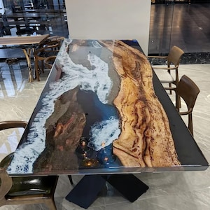 Custom Resin River Table / Ocean Wave Epoxy Table Top / Handmade Epoxy Dinning Table / Live Edge Epoxy And Wood For Living Room