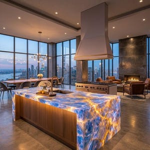 May include: A modern kitchen with a large island featuring a blue and gold illuminated countertop. The island has a wooden base. A stainless steel range and a large range hood are visible. Large windows offer a city view.