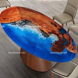 Mesa de centro com acabamento em resina epóxi e efeito onda do oceano, em madeira de acácia, estilo moderno de meados do século XX. imagem 1