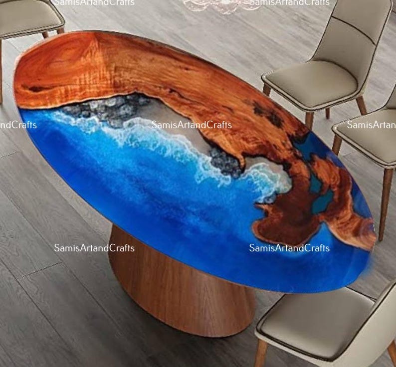 Mesa de centro com acabamento em resina epóxi e efeito onda do oceano, em madeira de acácia, estilo moderno de meados do século XX. imagem 1