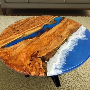 Handmade Ocean Epoxy Waves Coffee Table | Round Live Edge Epoxy Resin Table | Wooden Waves Resin Side Table For Home Decor
