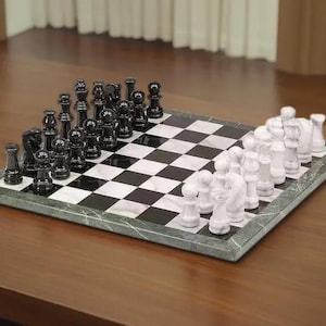Elegant Green Marble Chess Set with Pieces – Handmade Inlay Stone Table Top, Luxury Home Decor & Unique Gift for Chess Lovers