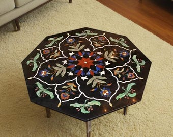 Green Inlay Marble Coffee Table Top, Floral Pietra Dura Art