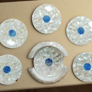Set of 6 White Marble Coasters with Mother of Pearl Inlay - Elegant Handmade Drink Coasters