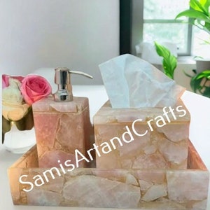 Pink Rose Quartz Stone / Bathroom Set of 3 Pieces for Bathroom Decoration / Rose Quartz Bathroom Tools Set for Luxury Bathroom & Hotel Decor