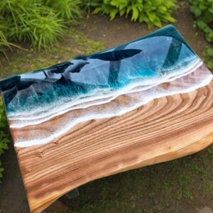 Custom Epoxy Resin River Ocean Wave Resin Coffee Tabletop Wood Plank Dining Tabletop Counter Desk Coffee Table