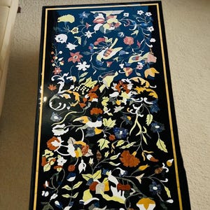 Marble Inlay Top Coffee Kitchen Table Top Handmade Top Black Inlaid with Semi-Precious Stones Pietra Dura Inlay