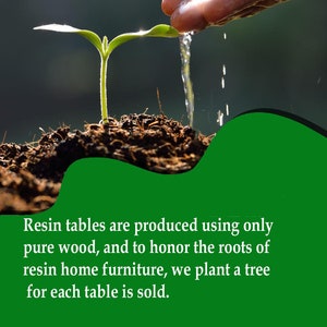 Pode incluir: Uma m&atilde;o derrama &aacute;gua suavemente sobre uma pequena planta verde que cresce do solo. O texto "We Plant a Tree on Every Table Sold" est&aacute; no topo da imagem. O texto "Resin tables are produced using only pure wood, and to honour the roots of resin home furniture, we plant a tree for each table is sold." est&aacute; na parte inferior da imagem.