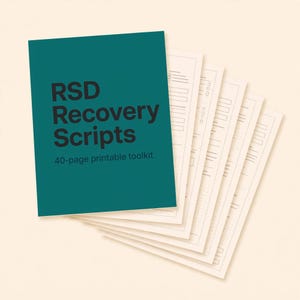 Może przedstawiać: Turkusowa strona tytułowa z czarnym napisem RSD Recovery Scripts 40-page printable toolkit, nałożona na kilka kremowych stron z czarnymi liniami, polami wyboru i ustrukturyzowanymi układami do sporządzania notatek i dokumentacji.