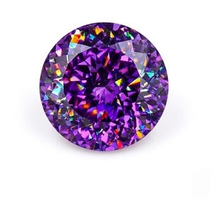 May include: A round, faceted gemstone with a deep purple color. The stone features a brilliant cut with numerous triangular and kite-shaped facets that reflect light, creating vibrant flashes of rainbow-colored iridescence across its surface.