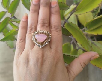 Rose Quartz Ring Free Size Gold Plated Lab Created Pink Stone Adjustable Ring