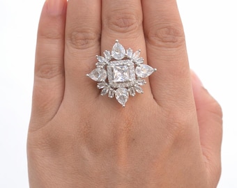 Moissanit-Stil Blumenring, Silber-Statement Cocktail-Ring