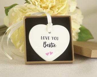 Love You Bestie Gift | Gift for Best Friend Love Message Ceramic Heart | Gift Box Included