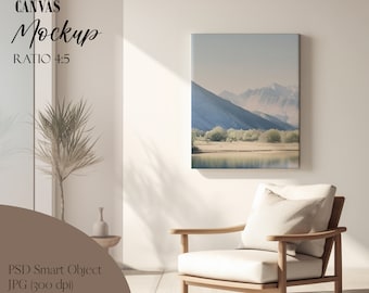Canvas Mockup Interior Reading Nook Canvas Ratio 4x5 Wall Art Display PSD Mockup Vertical Canvas Mockup PSD Smart Object Natural Shadow JPG