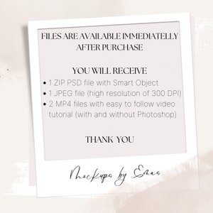 May include: A digital product mock-up image with text. The text reads "FILES ARE AVAILABLE IMMEDIATELY AFTER PURCHASE" and "YOU WILL RECEIVE" followed by file details. The image also includes the text "THANK YOU" and a signature.