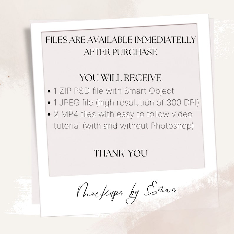 May include: A digital product mock-up image with text. The text reads "FILES ARE AVAILABLE IMMEDIATELY AFTER PURCHASE" and "YOU WILL RECEIVE" followed by file details. The image also includes the text "THANK YOU" and a signature.