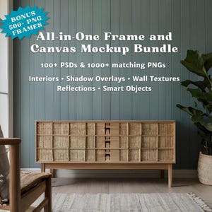 Puede incluir: Una escena de diseño de interiores con un mueble de madera con paneles tejidos, una planta en maceta y una silla de mimbre. La imagen incluye el texto "All-in-One Frame and Canvas Mockup Bundle" con detalles sobre PSD y PNG.