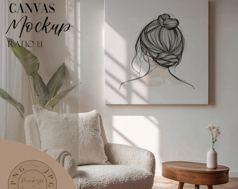 Living Room Canvas Mockup PSD | 1x1 Size Canvas Mockup | Contemporary Art Scene | Modern 1x1 Canvas Mockup I png jpg Wall Art Mockup
