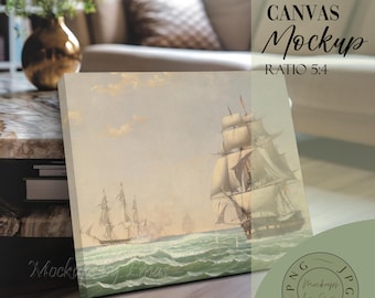 Living Room Canvas Mockup PSD | 5x4 Ratio Canvas Mockup | Contemporary Art Scene | Closeup 5x4 Canvas Mockup I PNG JPG Wall Art Mockup