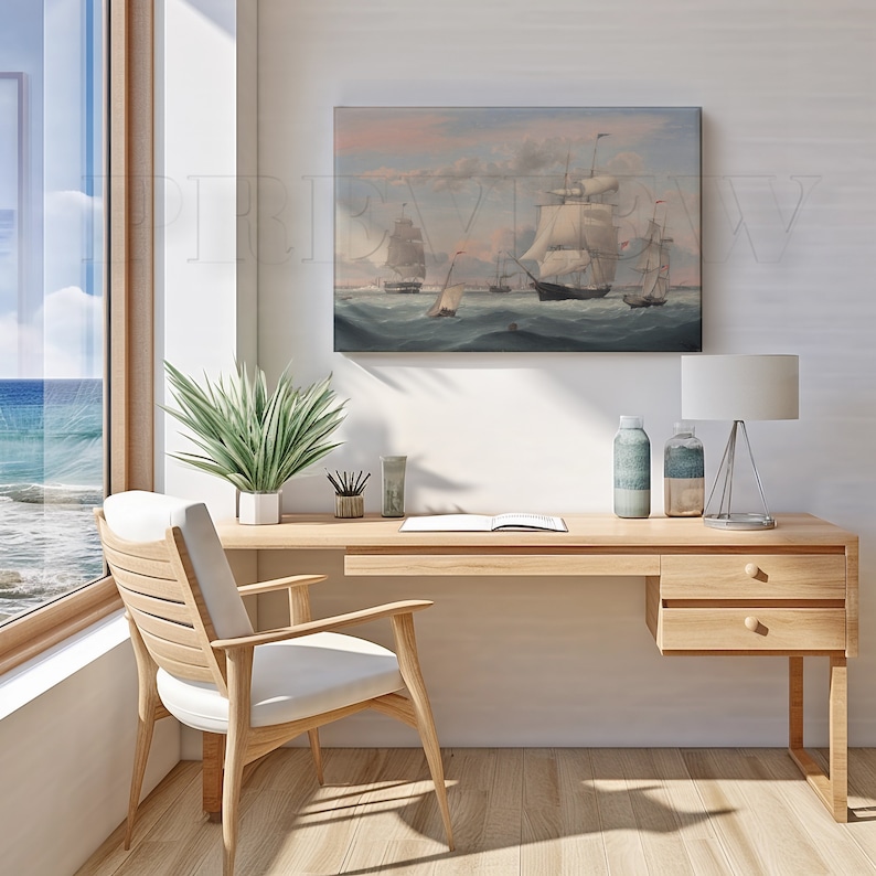 May include: An oil painting of several sailing ships on a wavy sea under a cloudy sky hangs above a wooden desk. The desk has a lamp, bottles, and a plant. A wooden chair sits in front of the desk near a window with a view of the ocean.