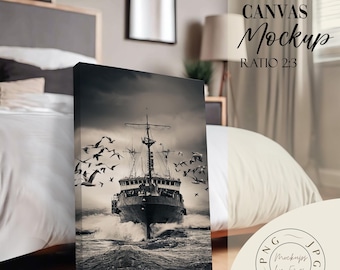 Minimalist Canvas Mockup PSD | 2x3 Ratio | Contemporary Bedroom Scene | Closeup Vertical Canvas Mockup I PNG