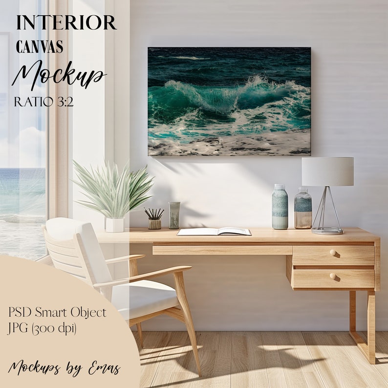 May include: A canvas mockup with a 3:2 ratio, featuring a vibrant ocean wave print. The scene includes a wooden desk, chair, and decorative items, creating a modern interior design aesthetic. Text on the image reads: INTERIOR CANVAS Mockup RATIO 3:2.