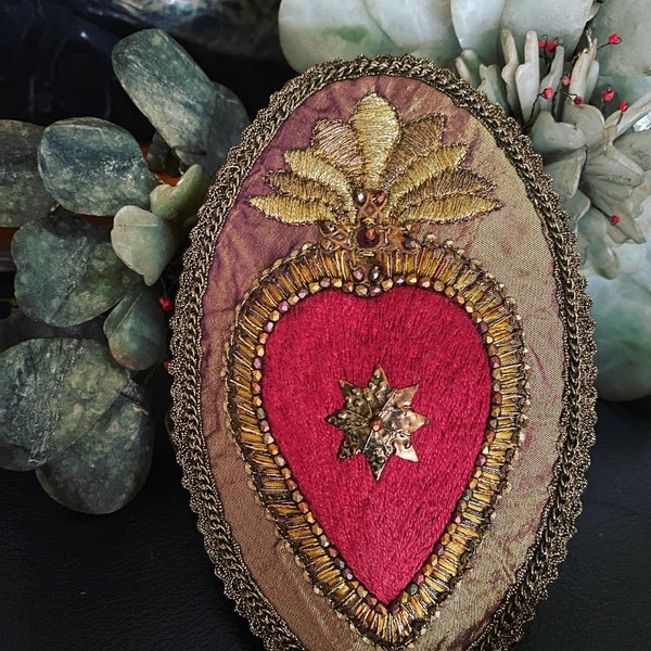 Sacred Heart Goldwork Embroidery in the form of a Fabergé Easter Egg, Large Brooch, Wearable Art Embellishment, One-Off