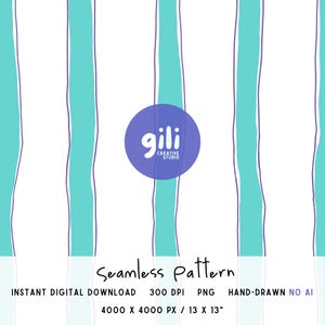 May include: Seamless pattern design featuring vertical stripes in white, teal, and purple. A purple circle with the text "gili CREATIVE STUDIO" is in the center. The text "Seamless Pattern" and other details are at the bottom.