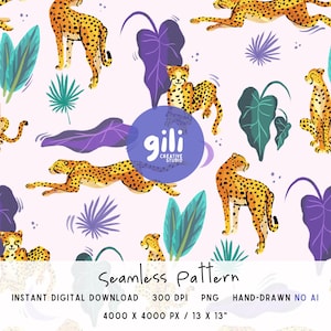 Whimsical Cheetah Seamless Pattern | Violet & Teal Jungle Repeat | Playful Lavender Safari Funky Foliage Fabric Design File | Commercial