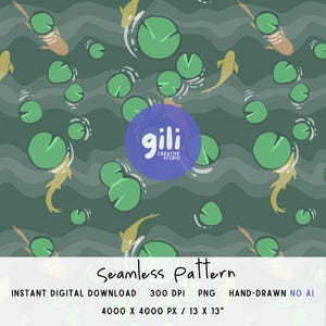 Puede incluir: Patrón sin costuras con nenúfares verdes, peces dorados y ondas de agua sobre un fondo verde oscuro. El diseño incluye el texto "Seamless Pattern" y "gili CREATIVE STUDIO". La imagen mide 33 x 33 cm.