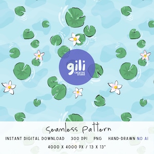 Puede incluir: Patrón sin costuras con nenúfares, flores blancas y ondas de agua sobre un fondo azul claro. El diseño incluye el texto "Seamless Pattern" y el logotipo de "gili creative studio". La imagen mide 33 x 33 cm.