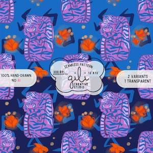 Psychedelic Tiger Seamless Pattern, Retro 90s Aesthetic Surface Design, Funky Tiger Digital Papers, Groovy Floral Print, Dopamine Decor