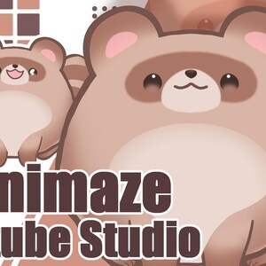 May include: A digital graphic featuring two stylized brown tanuki characters with round bodies, small ears, and light-colored bellies. The text Animaze Vtube Studio is displayed in bold dark brown letters at the bottom against a white background.