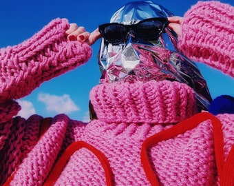 Handmade Crop Top Sweater, Chunky Pom-poms Sweater, Chunky Knit Sweater, Hand Knit Sweater, Pink Sweater, Paf Wear
