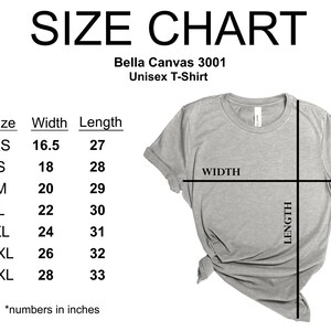 May include: A size chart for a Bella Canvas 3001 unisex t-shirt. The chart lists sizes XS to 3XL, with corresponding width and length measurements in inches. A gray t-shirt is shown with lines indicating width and length. The text "SIZE CHART" is at the top.
