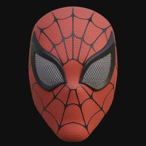 May include: A red and black Spider-Man mask with a web pattern. The mask has black eye frames with a mesh design and a textured surface. The mask is a full face covering.