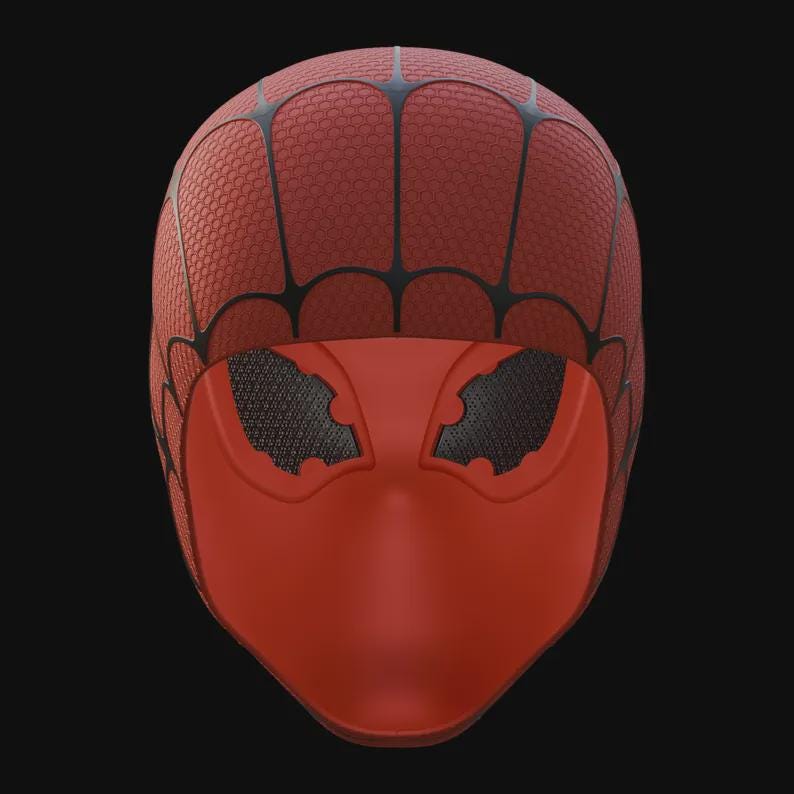 May include: A red and black Spider-Man mask. The mask has a textured, web-like pattern on the top portion and a smooth, red face covering. The eye openings are black mesh.