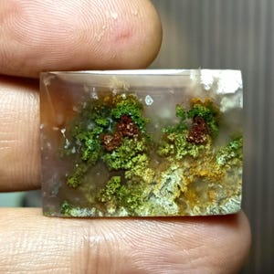 May include: A rectangular polished moss agate gemstone featuring a translucent, milky base with intricate, tree-like dendrite inclusions in shades of vibrant green, deep rust-red, and earthy yellow, creating a natural landscape-like pattern.