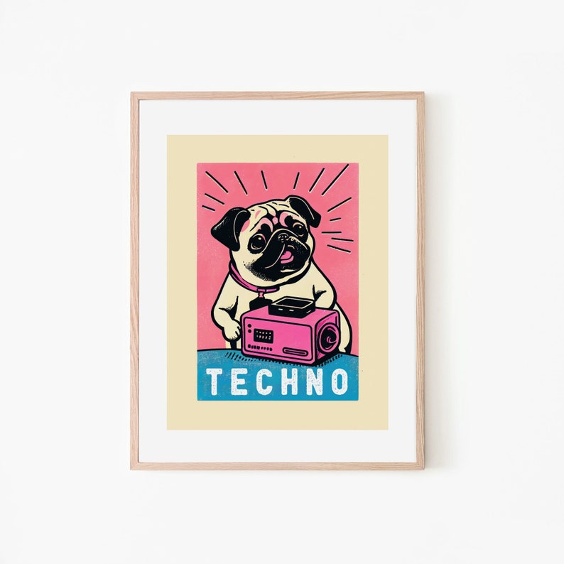 Techno Retro Pug Art Print Black and White Dog Print Techno Music Wall Decor Dog Lover Gift Rave Pug Dog Lover Retro Art Print image 2