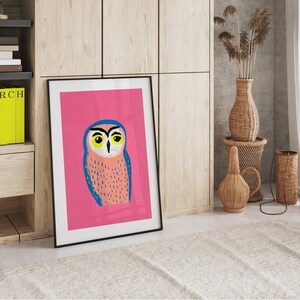 Affiche rétro d'oiseau artistique vintage de hibou rose art vintage Art mural oiseau Décor rose Cadeau d'amoureux des animaux image 2