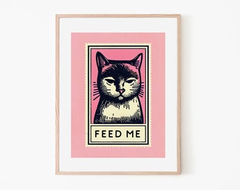 Feed Me Cat Feline Coolness Stamp Retro Poster | Retro Art | Cat Wall Art | Pink Black Decor | Animal Lover Gift | Kitchen Decor | Cat Lover