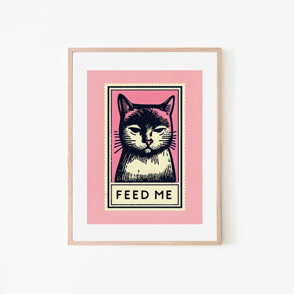 Feed Me Cat Feline Coolness Stamp Retro Poster | Retro Art | Cat Wall Art | Pink Black Decor | Animal Lover Gift | Kitchen Decor | Cat Lover