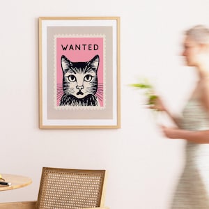 Vintage Pink Cat Wanted Stamp Retro Poster Pink Wall Art Gift for Cat Lovers Boho Vintage Decor Vintage Art image 5