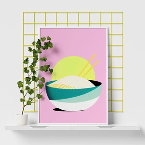 Japan Rice Bowl Pink Sunrise Retro Poster Pink Wall Art Screen Print Poster Riso Rice Bowl Food Japanese Art Food Poster image 8