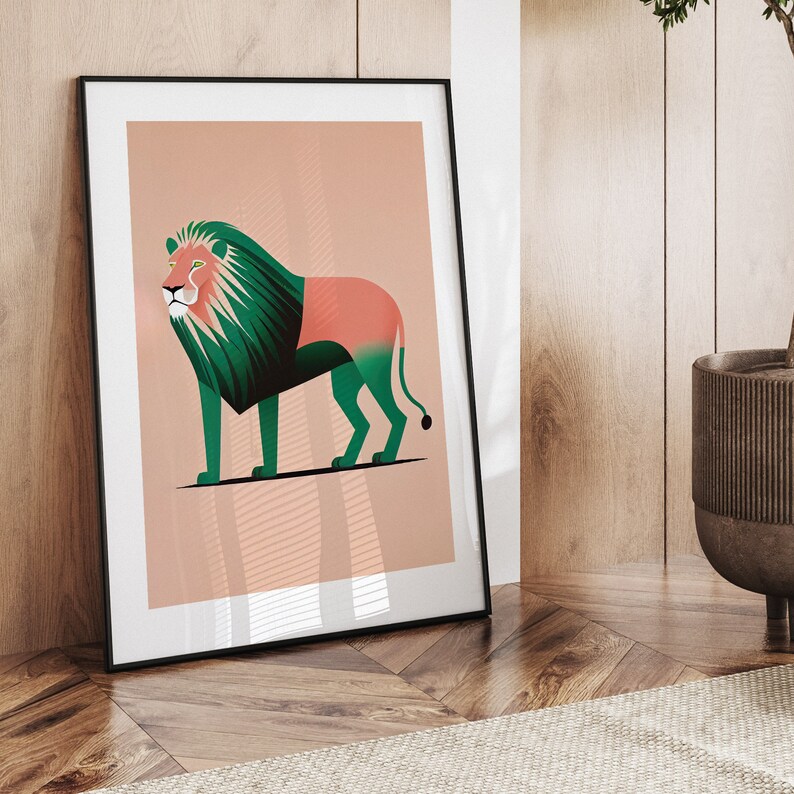 Leone africano / Design minimalista in rosa e verde / Stampa artistica animale / Arte colorata / Arredamento camera bambini / Arte minimalista / Stampabile immagine 7