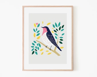 Friedlicher Vogel Retro Grau | Tropisches Retro Poster | Schlafzimmer Wandkunst | Wohndekor | Vögel Wandkunst | Geschenk für Sie | Schlafzimmer Poster | Natürlich